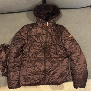 Save the duck faux fur lined reversible packable puffer